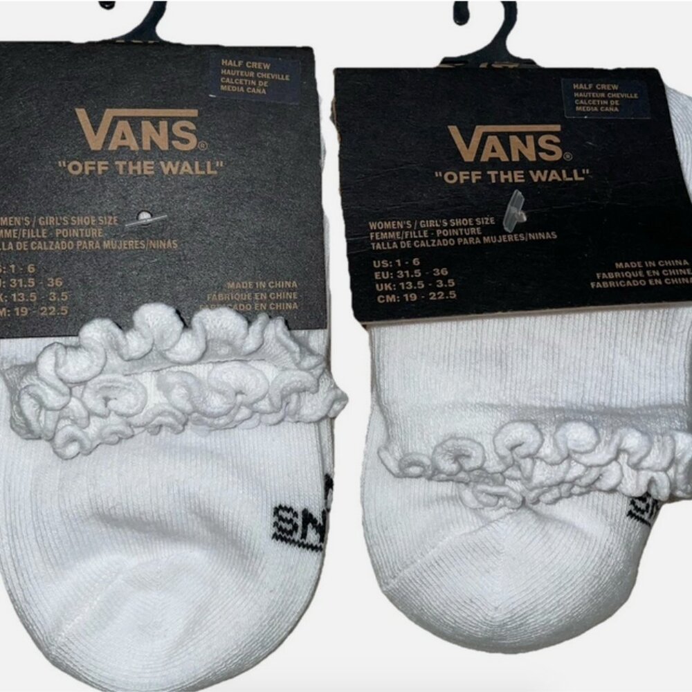 Vans Ruffled Socks Ankle Girl’s Women’s White Shoe Size 1-6 NEW 2 Pair